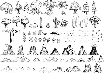 Fantasy map elements hand drawn vector design - of nature cartography symbols - trees, plants, mountains - obrazy, fototapety, plakaty