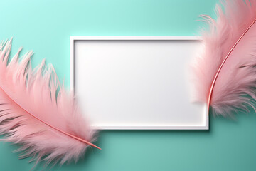 illustration of a white blank frame for space copy text and two  pink feather background