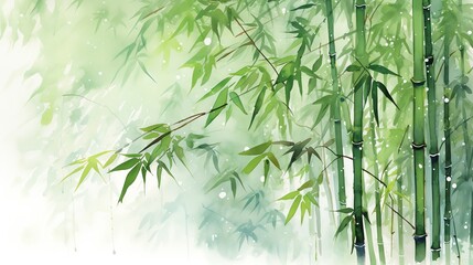 Fototapeta premium watercolor painting of tall bamboo swaying in the breeze during a gentle rain shower