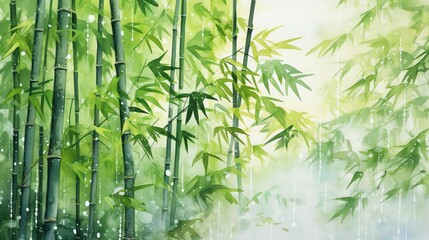 Fototapeta na wymiar watercolor painting of tall bamboo swaying in the breeze during a gentle rain shower