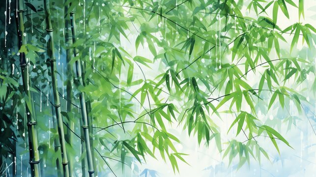 watercolor painting of tall bamboo swaying in the breeze during a gentle rain shower