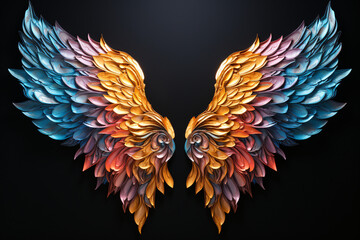 A pair of stylized angel wings with vibrant blue, orange, and gold feathers against a dark background, suitable for themed events.