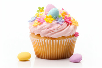 Easter cupcake muffin with icing frosting and candy eggs isolated on white background