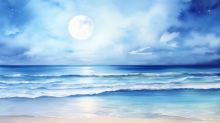 watercolor painting of a serene beach scene under the soft glow of moonlight