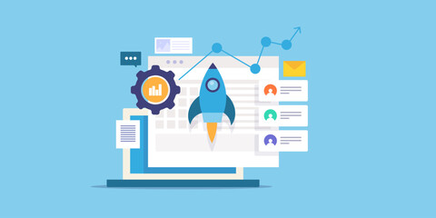 Digital startup concept, internet business structure and online marketing success strategy. Rocket boost sales revenue. Vector illustration web banner.