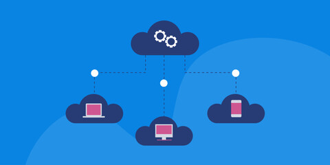 Multi cloud service data connected with cloud public device. Vector illustration web banner.