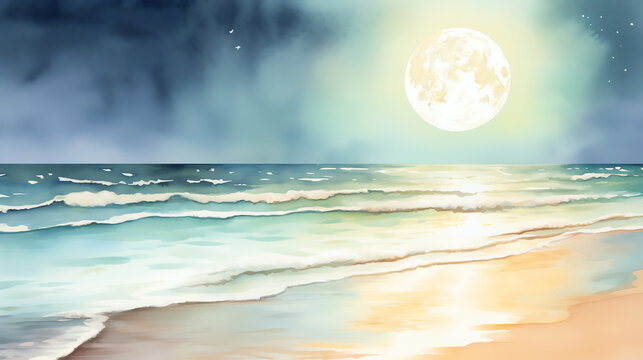 watercolor painting of a serene beach scene under the soft glow of moonlight