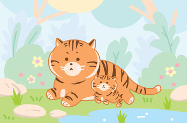 Tiger and her baby relaxing in the forest cartoon style.