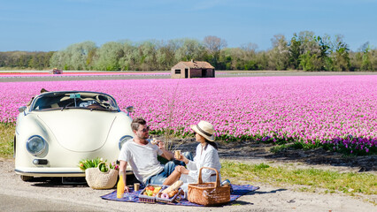 couple on a roadtrip in the Netherlands with an old vintage car, men, and woman having a picnic...