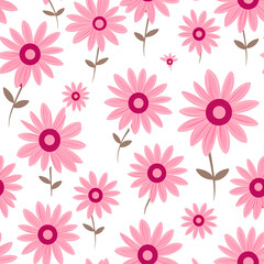 Fototapeta na wymiar Minimalist pattern of bright pink daisies on a white background for Valentine's Day background.