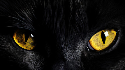 Yellow cat eyes on a dark background. Cat look. face with yellow eyes. Generative AI