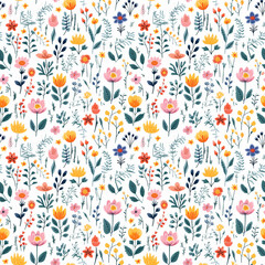 Minimal seamless pattern of bright flowers and leaves on a white background for a summer background.