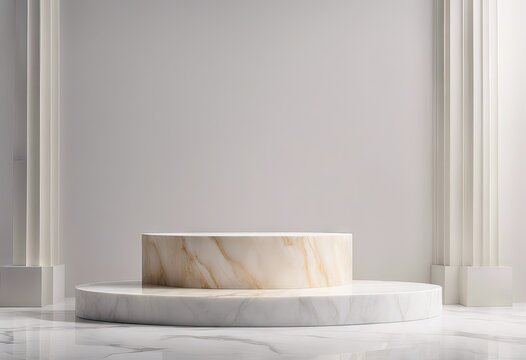 Marbel podium for product showcase. White marble display. Natural light copy space. Minimal abstract cosmetic background presentation. stock photoLectern, Backgrounds, - Rock, Merchandise, Pedestal