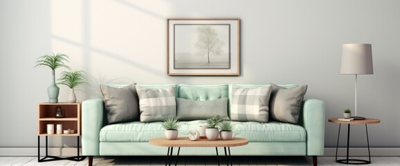 stylish living room with a modern mint sofa, wooden console, and elegant accessories, featuring a cube, coffee table, lamp, enhancing the décor with pillows and plaid.