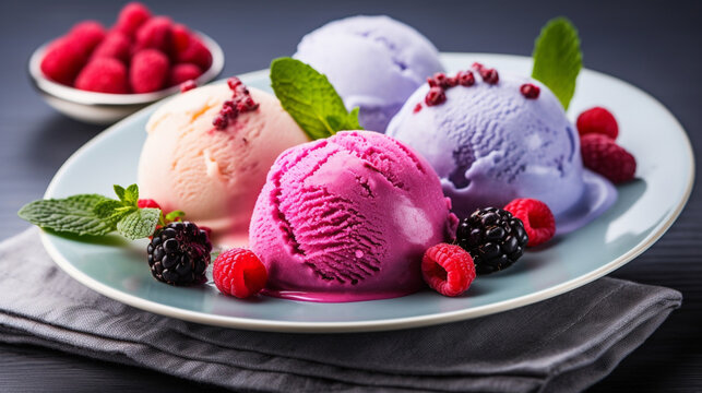 Raspberry Ice Cream In White Bowl Overhead Shot. Generative AI