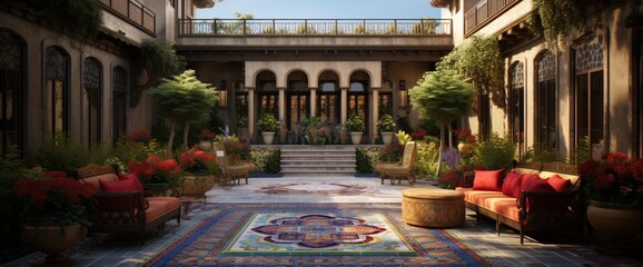 Create an Azerbaijani outdoor courtyard with intricate tilework, vibrant textiles, and traditional Azerbaijani patterns, reflecting the beauty of the region.