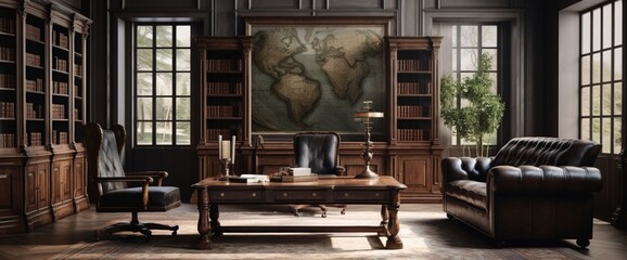Craft an image of an Austrian-inspired study with dark wood furniture, classical elements, and timeless elegance, paying homage to Austria's cultural heritage.