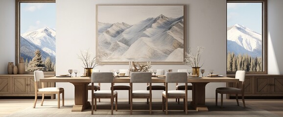 Obraz na płótnie Canvas Imagine an Andorran-inspired dining room with clean lines, neutral tones, and mountainous artwork, reflecting the simplicity and beauty of the Pyrenees.