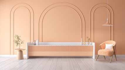 Peach fuzz room ,minimal luxury interior ,Mockup a TV wall mounted with peach  armchair ,peach color paint wall. color of the year 2024 , 3d render