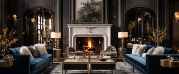 Create an image of an upscale lounge area with plush velvet sofas, a marble fireplace, and gold-accented decor, exuding timeless opulence.