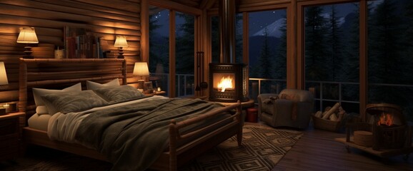 Imagine a Canadian bedroom scene with log cabin-inspired decor, warm lighting, and a connection to the great outdoors.