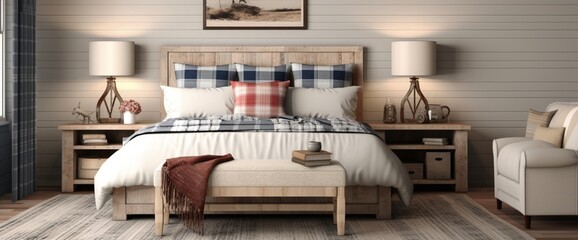 Design an American farmhouse bedroom with reclaimed wood accents, cozy textiles, and a touch of country charm.