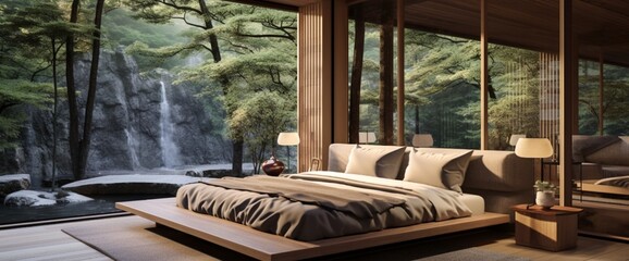 Imagine a Japanese-themed bedroom with sliding doors, a low platform bed, and elements of nature,...