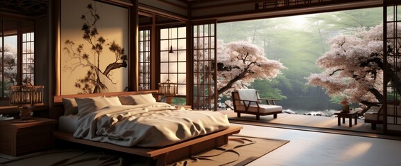 Imagine a Japanese-themed bedroom with sliding doors, a low platform bed, and elements of nature, creating a peaceful ambiance.