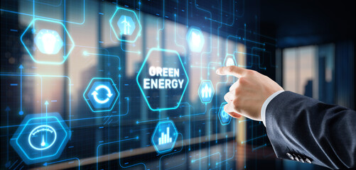 Businessman clicks Green eco energy icons. Reducing environmental risks