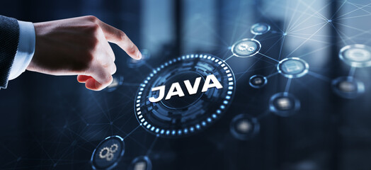 Businessman clicks Java programming language application concept on virtual screen