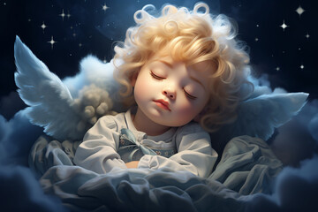 A sleeping child angel with wings in a peaceful night setting, suitable for Christmas or religious events.
