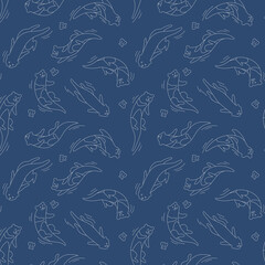 Fototapeta premium Vector Cute Otter Swimming with Clam Seamless Pattern Outline Background Wallpaper Blue And White