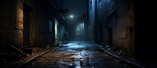 night streets of a poor district of a big city, banner made with The spooky old ruin narrow corridor vanished into the darkness Lonely deserted abandoned alley in light of rare lanterns 