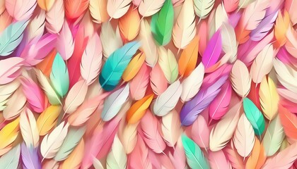 Background of multicolored small pastel colored feathers top view.