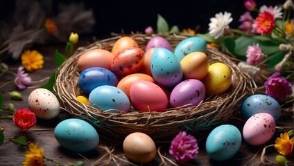 Fototapeta na wymiar colored eggs in the nest