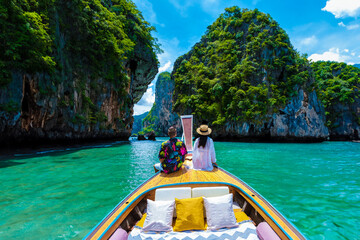 Luxury Longtail boat in Krabi Thailand, couple man, and woman on a trip at the tropical island 4...
