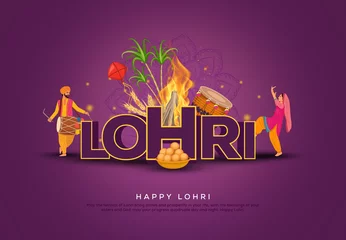 Zelfklevend Fotobehang Indian festival Happy lohri with Lohri props, holiday Background, Punjabi celebration greeting card, illustration design. © Rohan Divetiya 