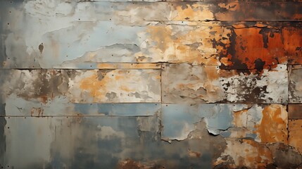 abstract array of rusting and corroding metal sheets, intricate patterns of peeling paint and rust create a rich tapestry of grays and browns, relentless force of oxidation on industrial materials.