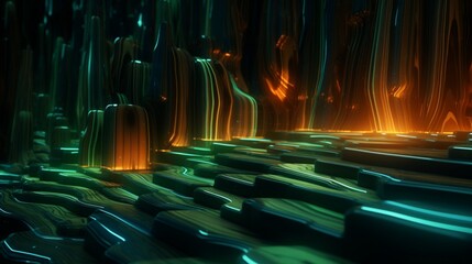 Dynamic neon light design with a cascade of green and brown wood grains on a forest-like 3D surface