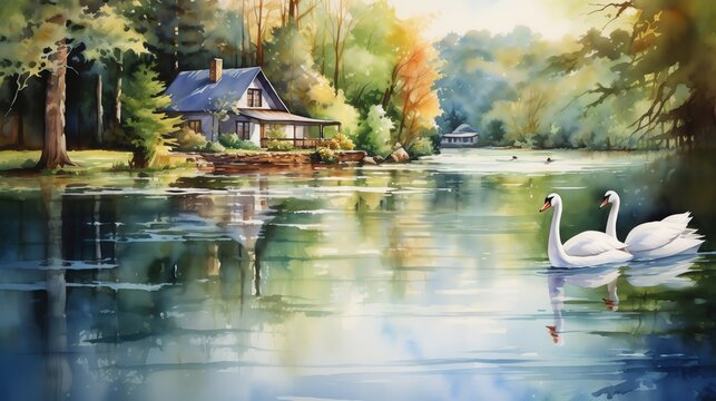 watercolor painting of serene lakeside scene with a pair of elegant swans gliding across the calm water
