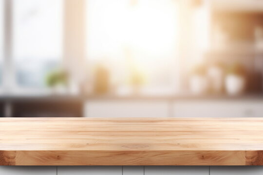 wood table top counter with kitchen interior background