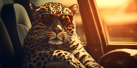 A jaguar sits  car with  leopard sitting in the driver's seat of a car Beautiful Amur Leopard in snowy forest at sunset. Wildlife scene from nature.AI Generative - obrazy, fototapety, plakaty