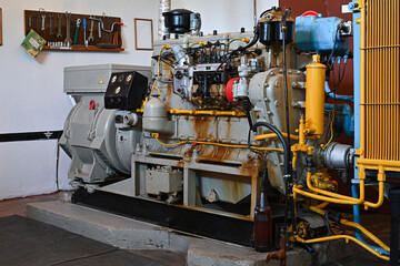 old diesel generator close-up. emergency light shutdown. alternative power.