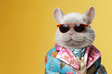 Creative animal concept. Chinchilla in glam fashionable couture high end outfits isolated on bright background advertisement, copy space. birthday party invite invitation banner	
