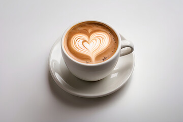 A Cup of Coffee, Artfully Crafted Latte, on a Pure White Canvas of Serenity