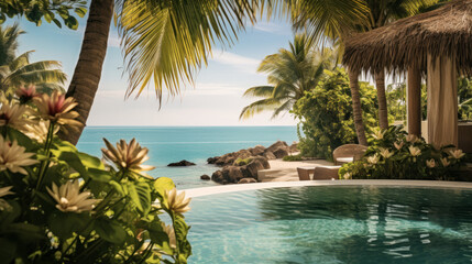 Fototapeta premium Luxury swimming pool with tropical setting with lush greenery and crystal-clear waters