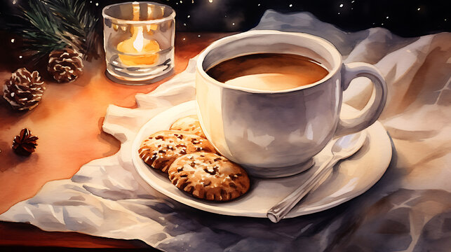 cup of coffee with cookies and candle on a table with cozy vibe