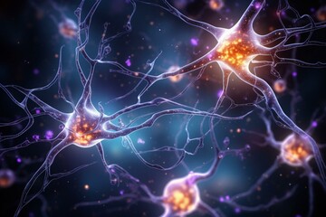Illustration of amyloid plaques on Alzheimer nerve cell. Generative AI - obrazy, fototapety, plakaty