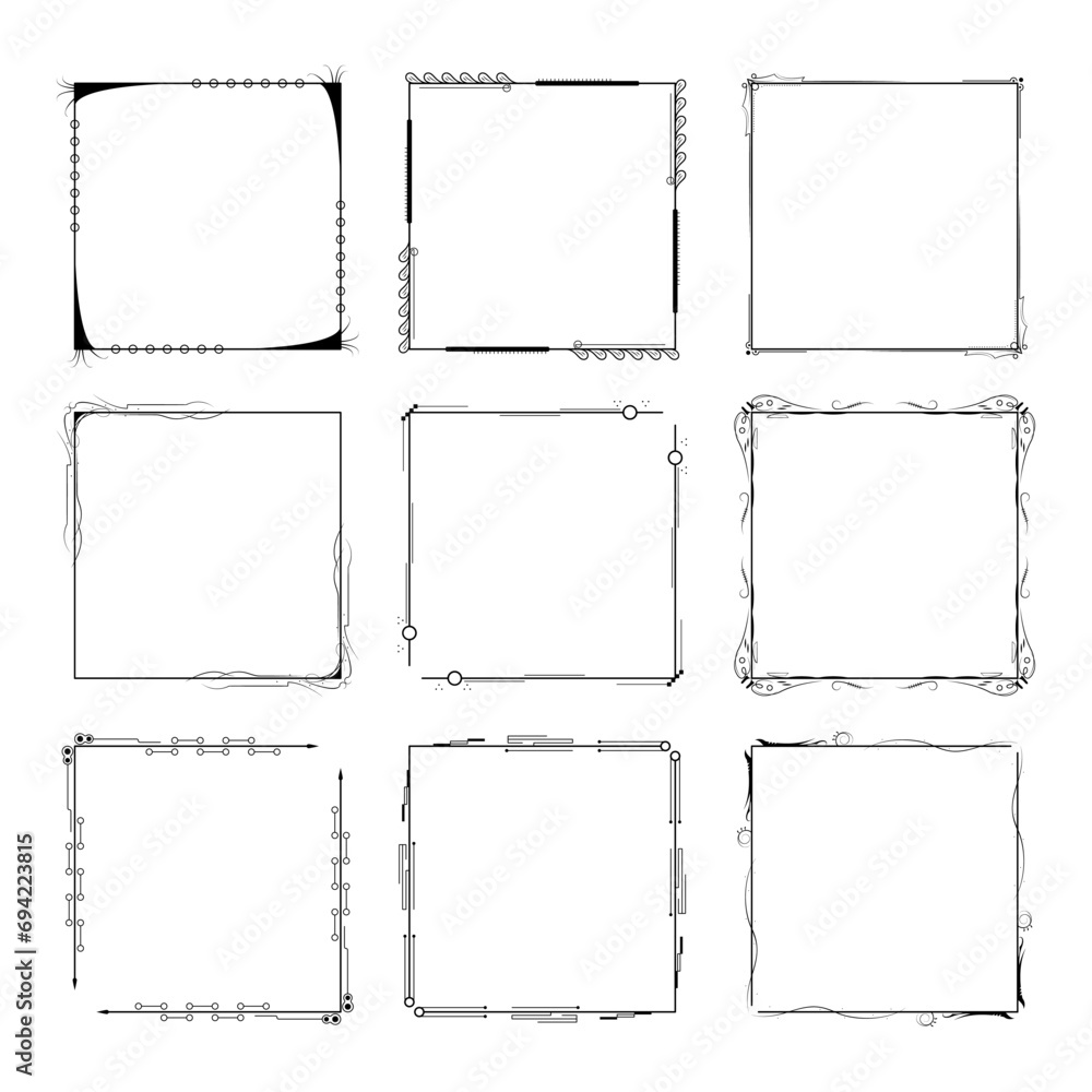 Aufkleber set black simple line frame collection doodle square floral frame elements vector design style sketc