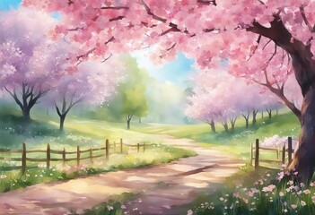 Cherry blossom trees and meadow watercolor stock illustrationSpringtime, Backgrounds, Grass, Painting, Paints